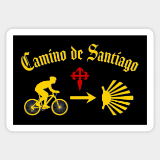 Camino de Santiago Typography Man Riding a  Bicycle Yellow Arrow Scallop Shell Red Cross Sticker